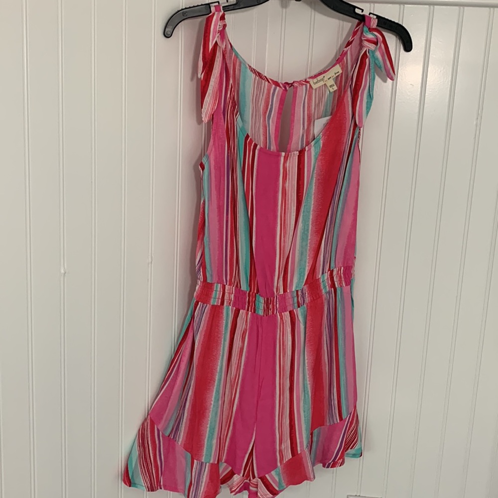 Bebop Sleeveless Tie-Strap Striped Romper with Smocked Waist and Ruffles…